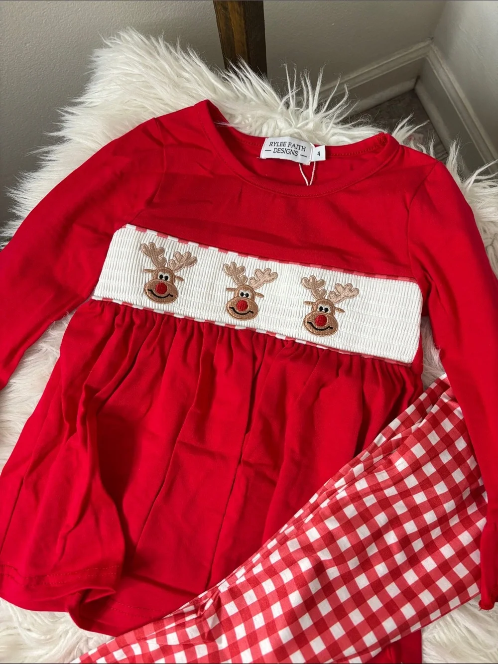 Red Reindeer Smocked Kids Set - Classic Christmas Holiday Size 4